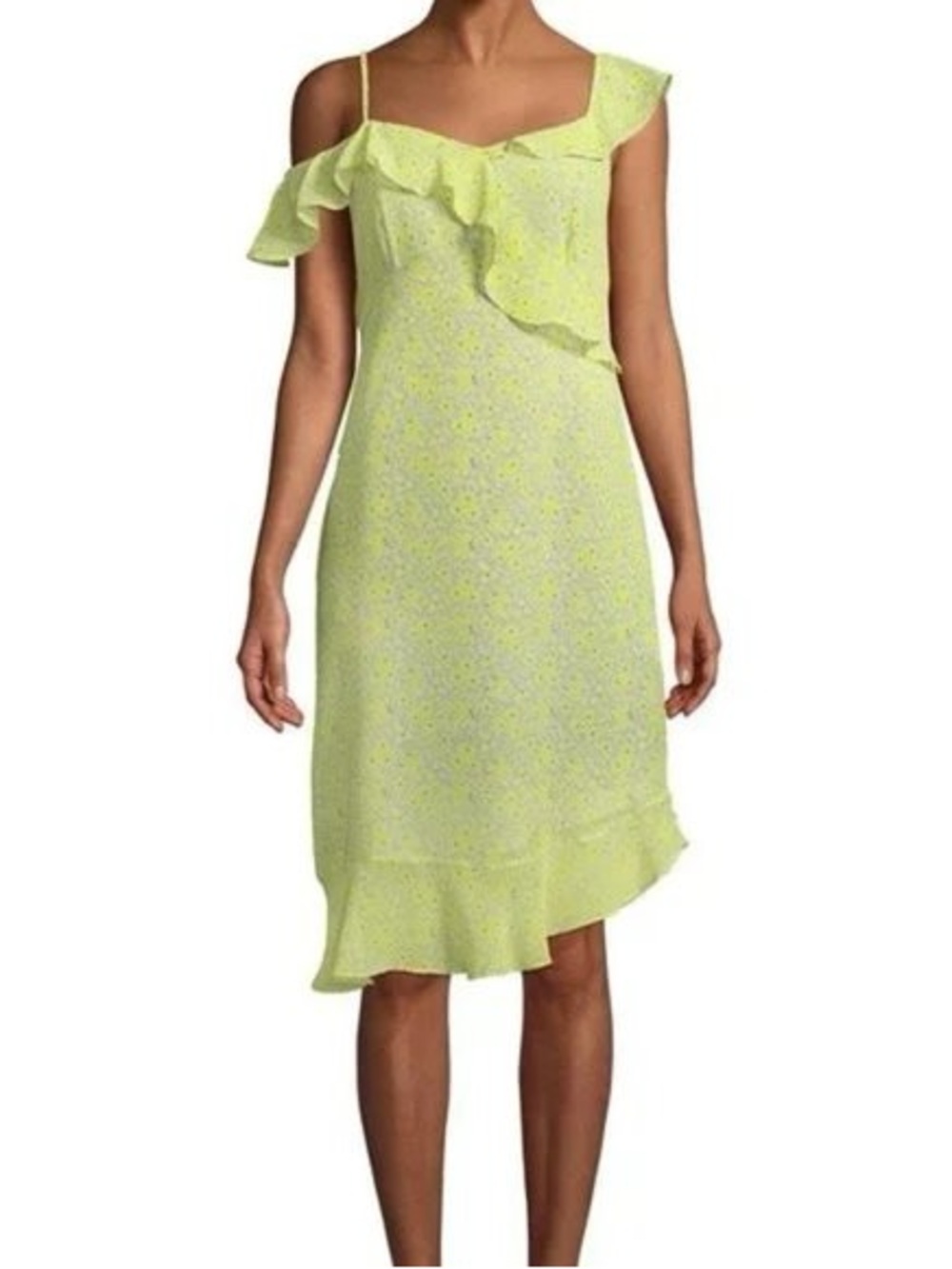 NANETTE LEPORE Asymmetrical Ruffle Dress In Lemon Meringue Spring Bloom SIZE 12